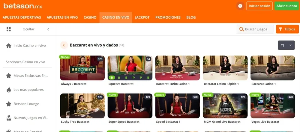 Mesas de baccarat en vivo disponibles en Betsson México