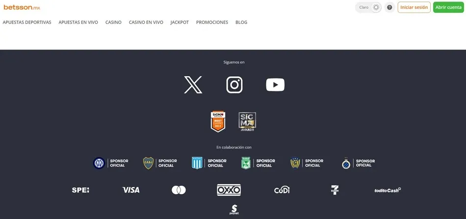 Opciones de pago visibles en el sitio de Betsson México