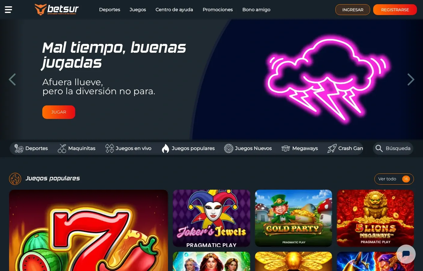 Juegos populares y navegación del casino Betsur