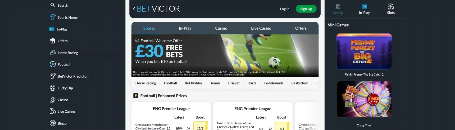 BetVictor desktop sportsbook showing a £30 football free-bets banner, Premier League markets and mini-game tiles
