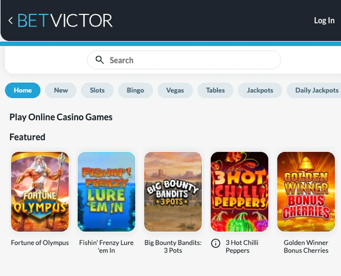 BetVictor Ireland casino search, category filters and five loaded game cards