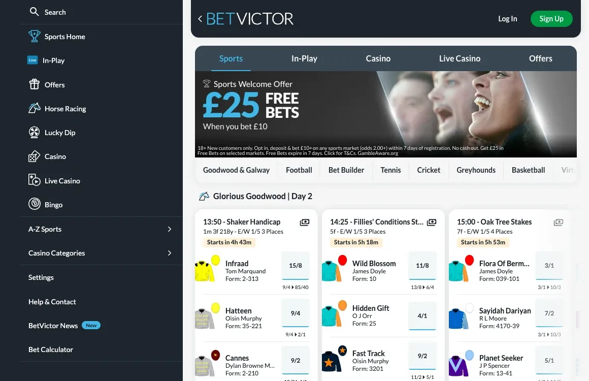 BetVictor UK sportsbook showing Goodwood horse-racing markets and odds