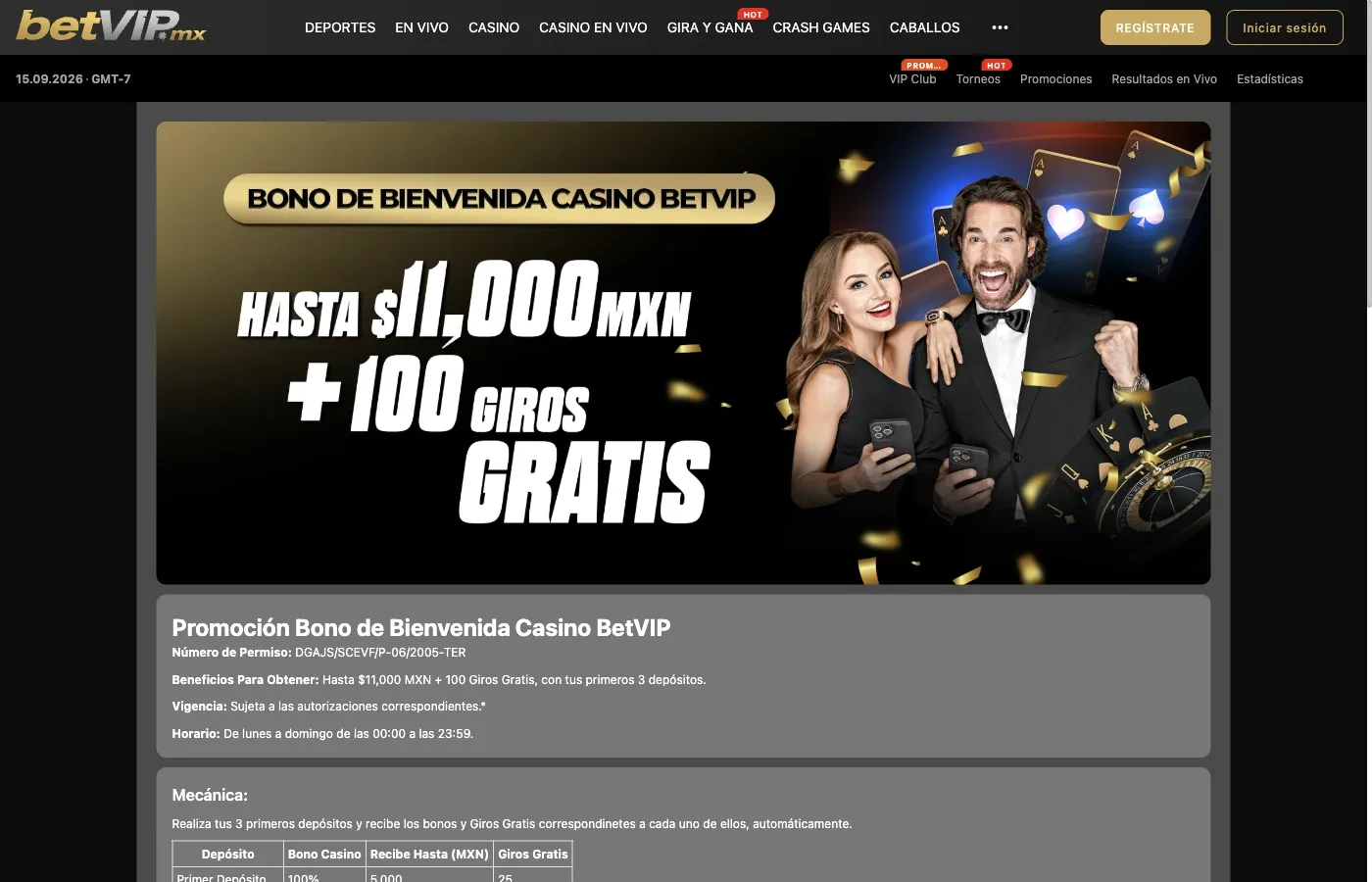 Bono de bienvenida de BetVIP México de hasta $11,000 MXN y 100 giros
