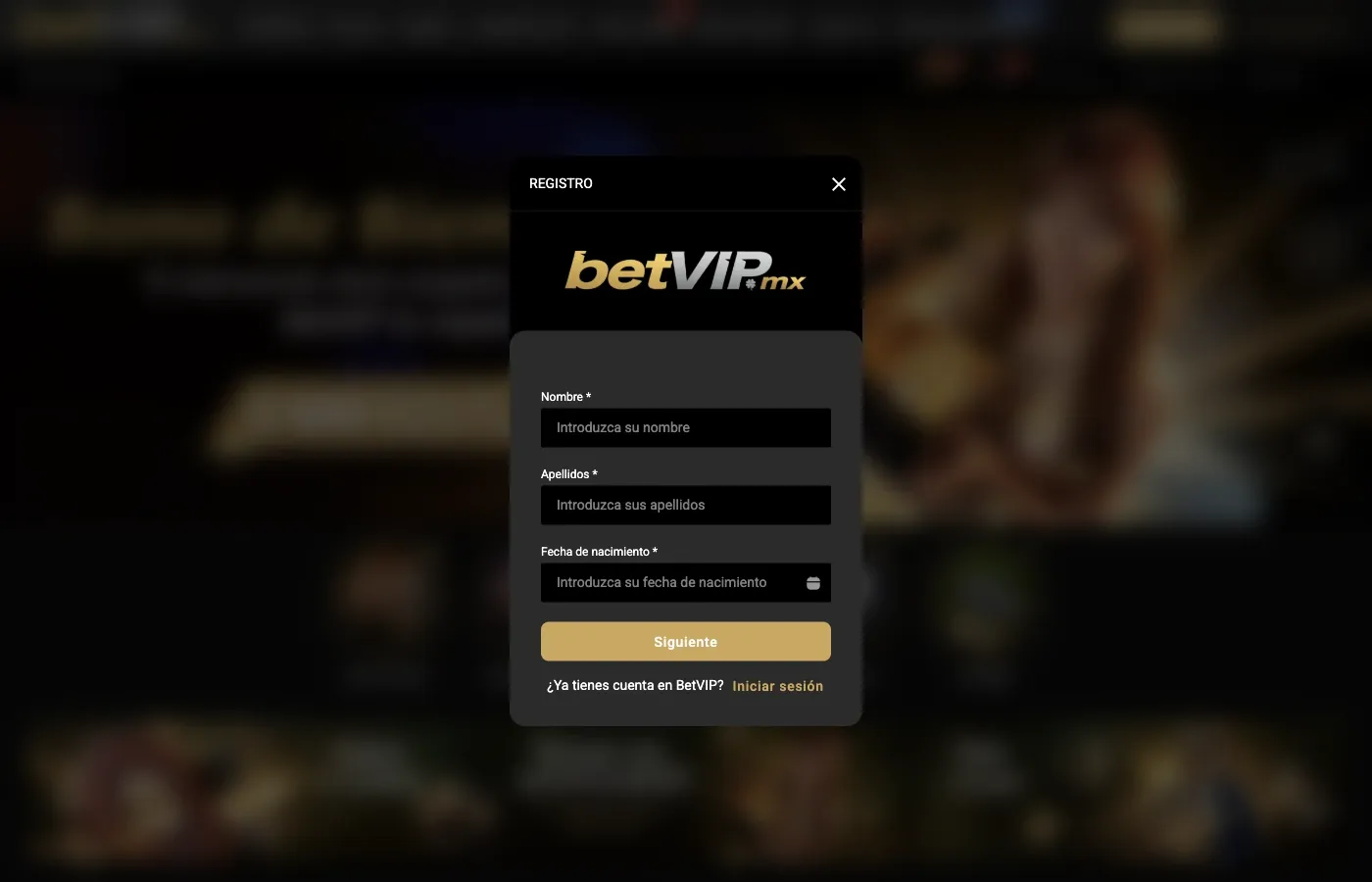 Formulario vacío de registro de BetVIP México