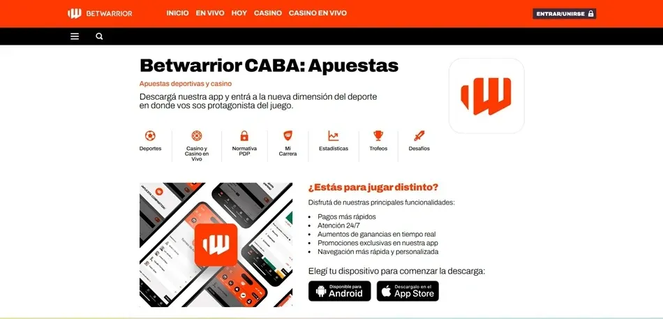 Aplicación móvil de BetWarrior CABA para casino y deportes