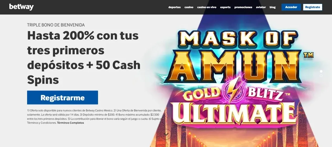 Triple bono de Betway México con 50 giros gratis