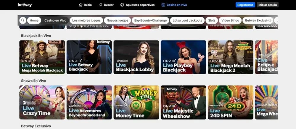Mesas de blackjack y game shows en el casino en vivo de Betway México