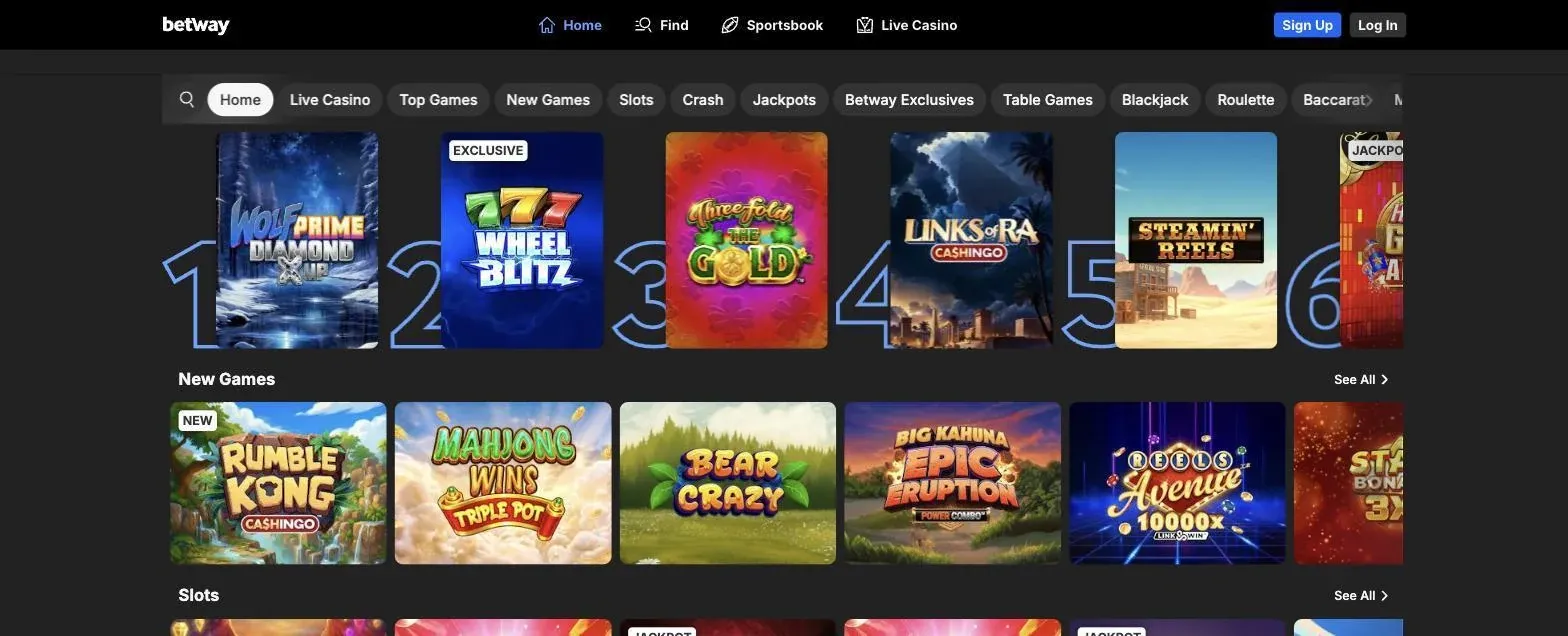 Betway Casino Ireland lobby showing game search and categories for live casino, new games, slots, crash, jackpots and table games