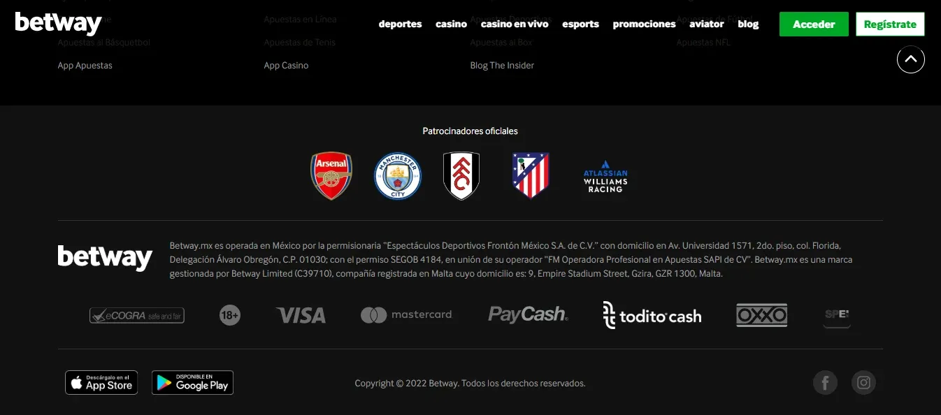 Pie legal de Betway México