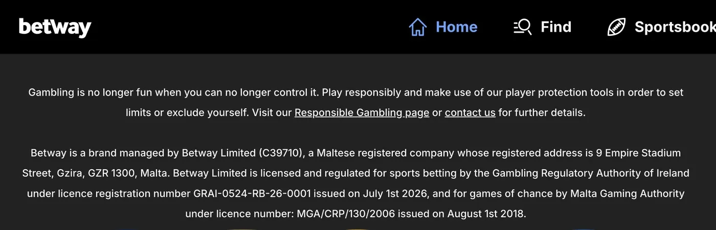 Betway Ireland footer identifying Betway Limited, GRAI sportsbook licence GRAI-0524-RB-26-0001 and MGA casino licence MGA/CRP/130/2006