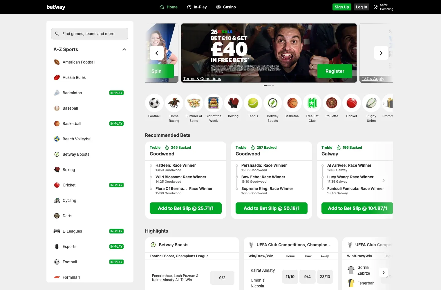 Betway UK sportsbook showing recommended racing bets and football markets