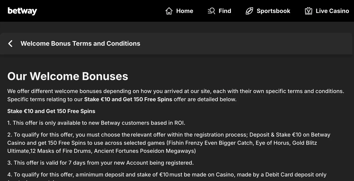 Betway Ireland welcome terms requiring a €10 debit-card deposit and €10 casino stake for 150 selected-game free spins