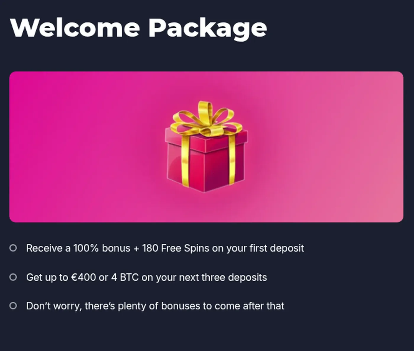 BitStarz welcome package with 180 spins and crypto deposit bonuses