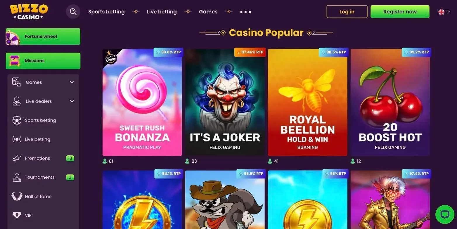 Bizzo Casino lobby showing casino games, navigation and RTP labels