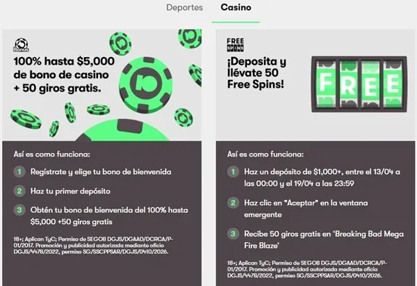 Promociones de casino con bono del 100% hasta $5,000 y 50 giros gratis, más 50 Free Spins por depósito