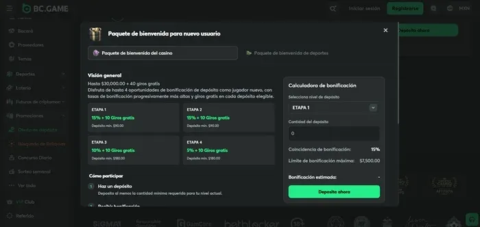 Paquete de bienvenida de BC.GAME de hasta $30,000 y 40 giros gratis