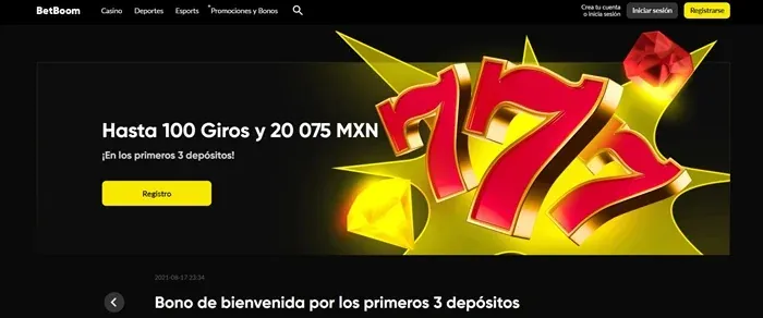 Bono de bienvenida de BetBoom con hasta 100 Giros y 20 075 MXN en los primeros 3 depósitos
