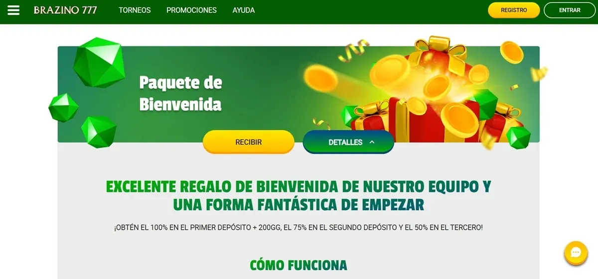 Paquete de Bienvenida de Brazino 777 con 100% + 200GG, 75% y 50% en los tres primeros depósitos