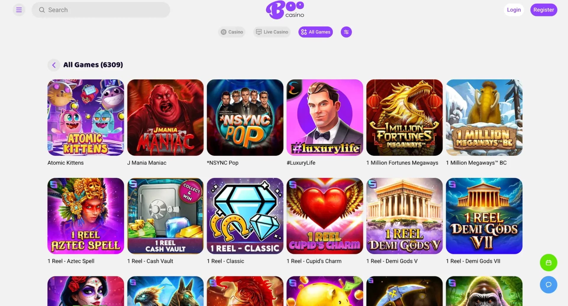 Boo Casino All Games lobby showing slots and casino navigation