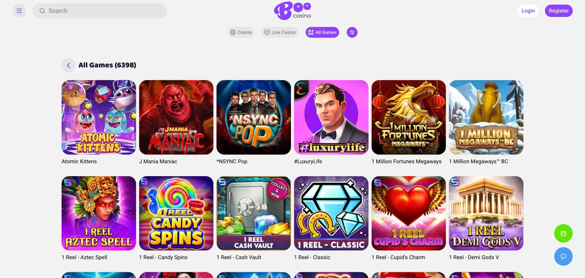 Boo Casino all-games lobby showing slot game cards
