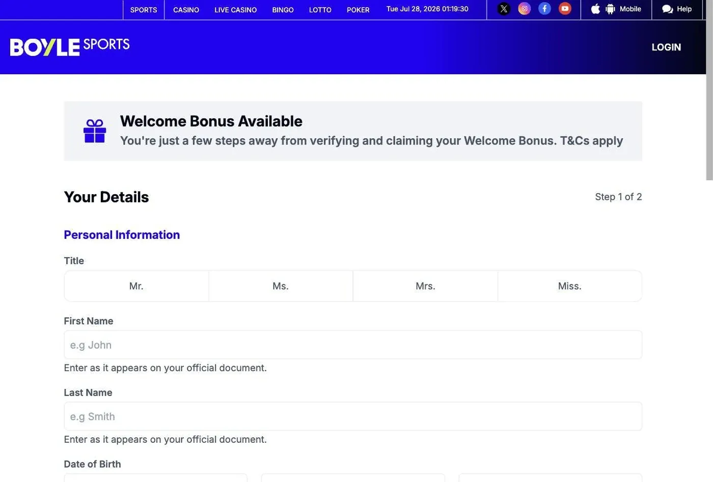 Blank BoyleSports registration form showing personal-information fields