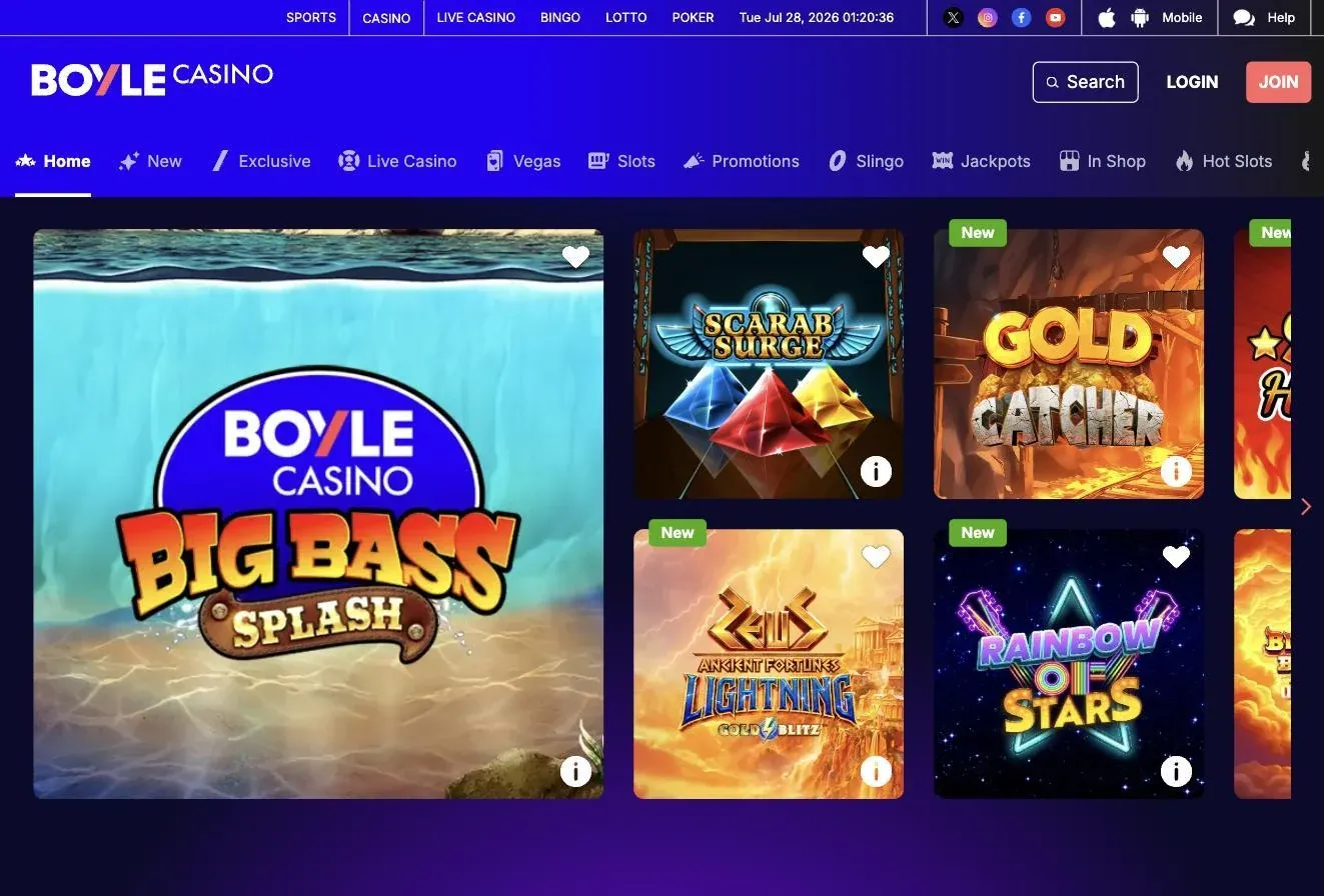 BoyleSports Casino lobby showing slots, live casino and jackpot navigation