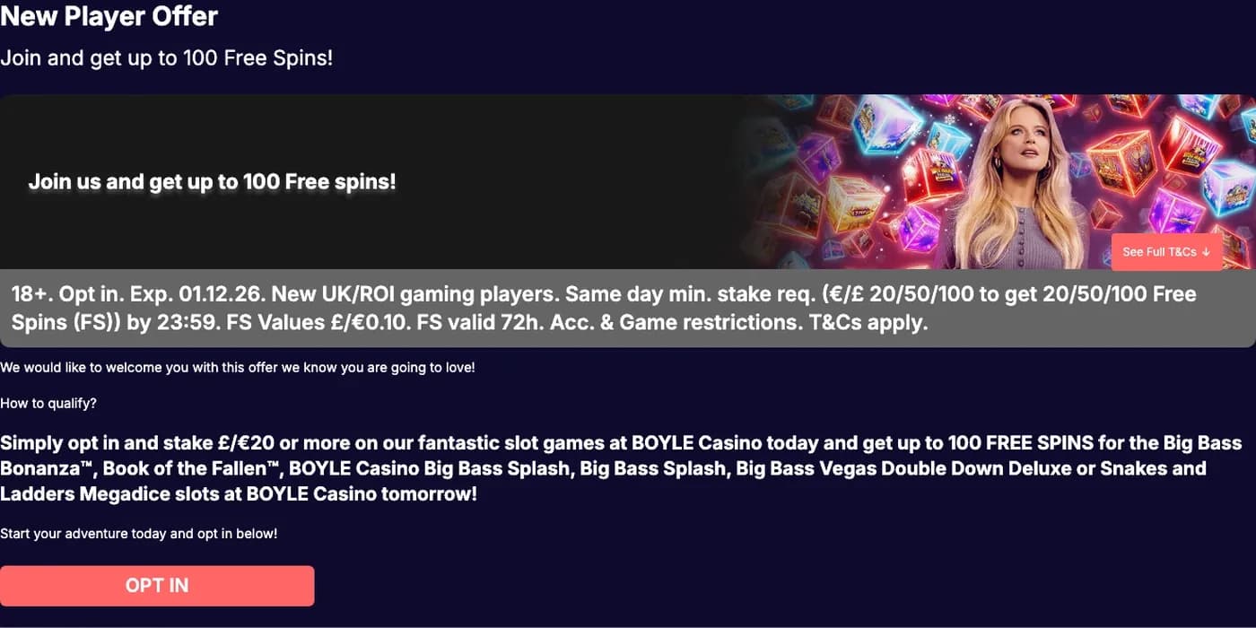 BoyleSports new-player casino offer showing stake tiers, spin values and 72-hour validity
