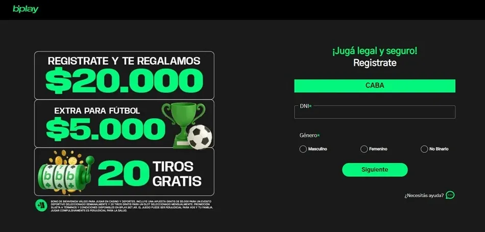Registro de Bplay CABA con campos de DNI y género