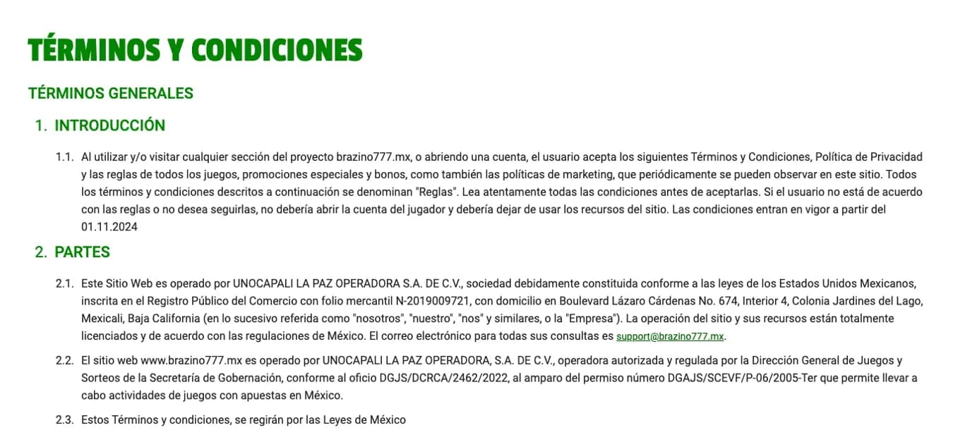Términos y operador de Brazino777 México