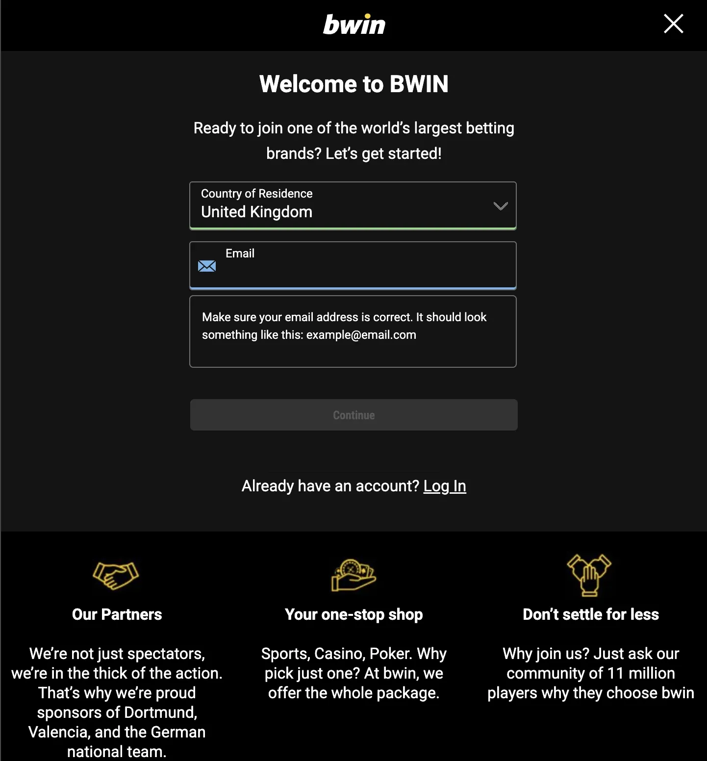 Bwin registration screen with United Kingdom selected