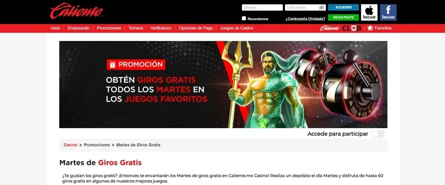 Promoción Martes de Giros Gratis de Caliente México