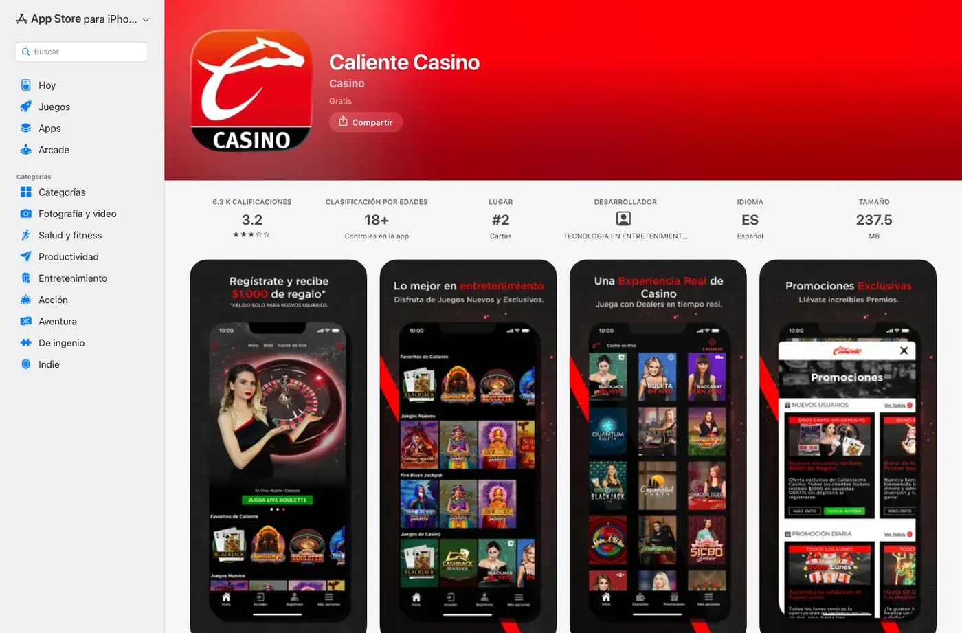 Ficha actual de Caliente Casino en App Store México
