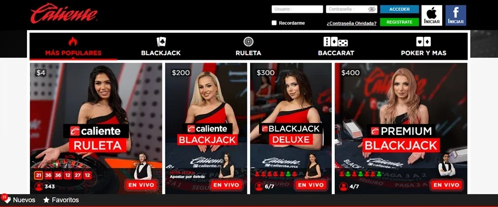 Ruleta, blackjack y baccarat en vivo en Caliente México