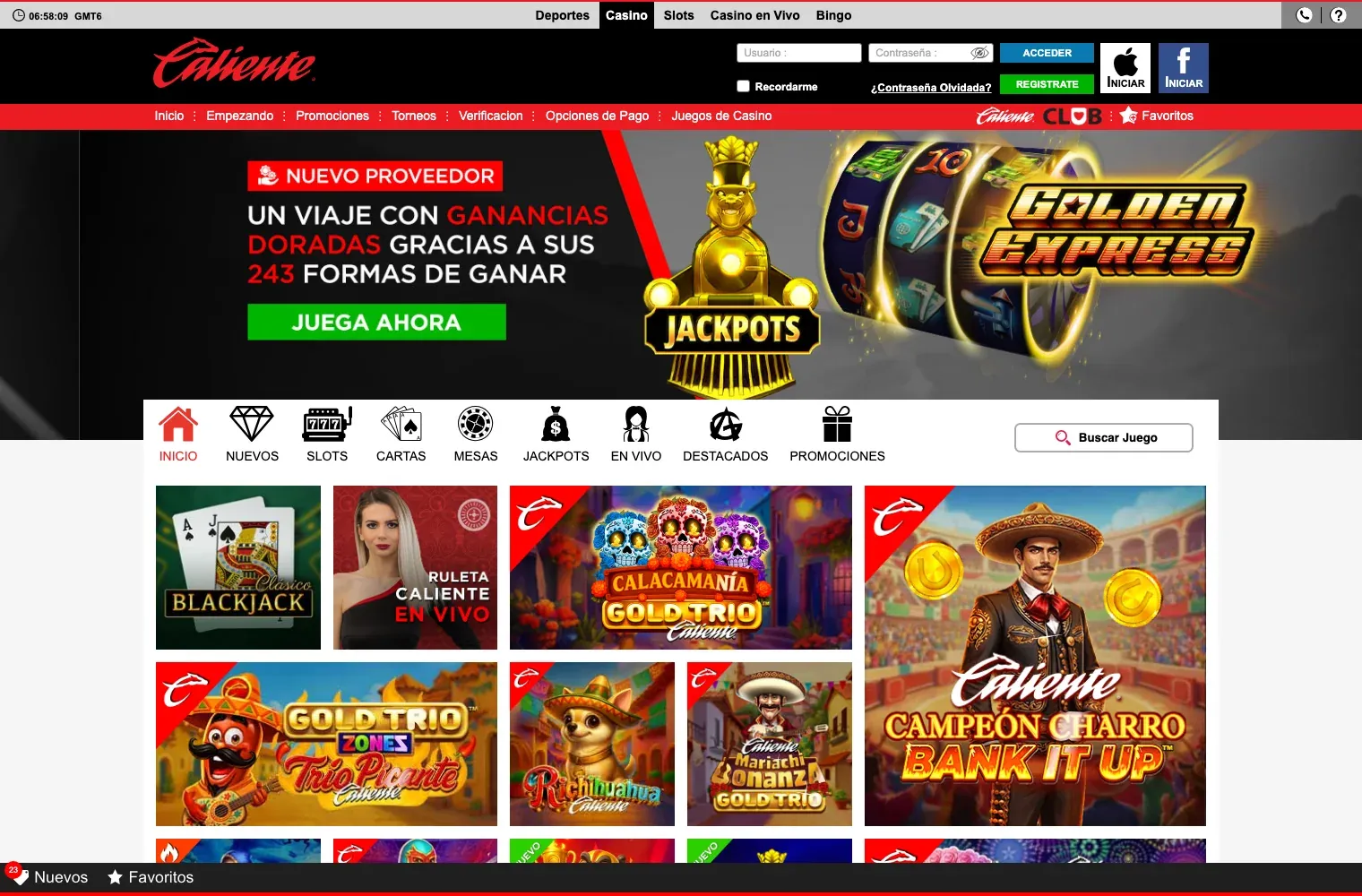 Lobby de casino online de Caliente México