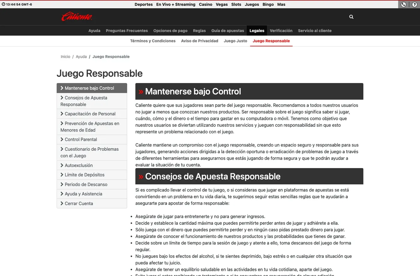 Página de Juego Responsable de Caliente con consejos, autoexclusión y límites de depósito
