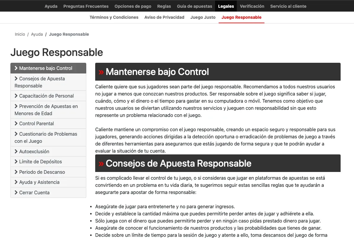 Herramientas de juego responsable de Caliente