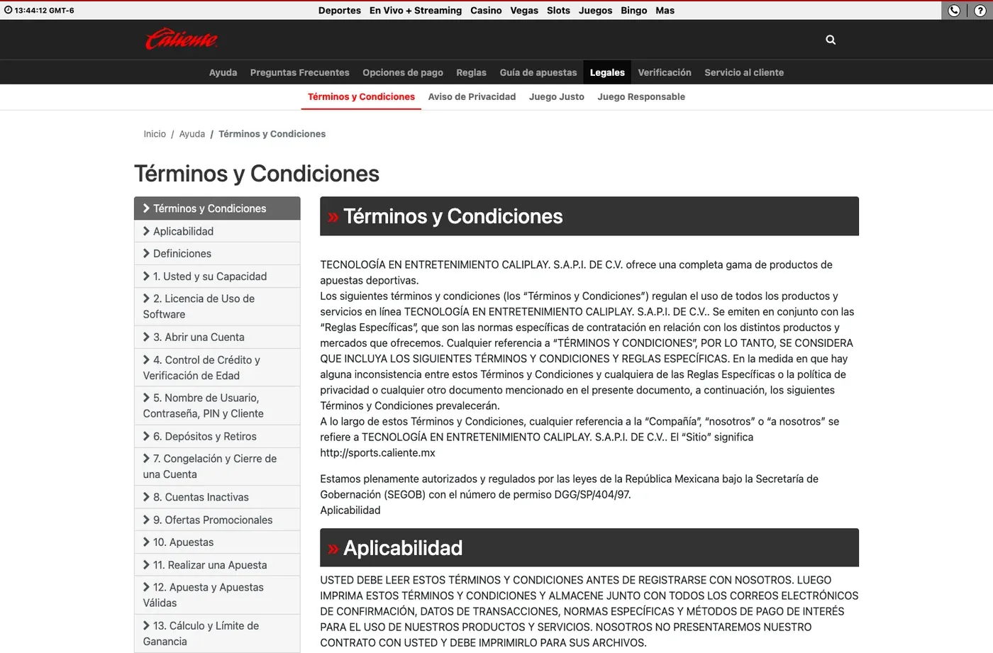 Términos oficiales de Caliente con operador y permiso SEGOB