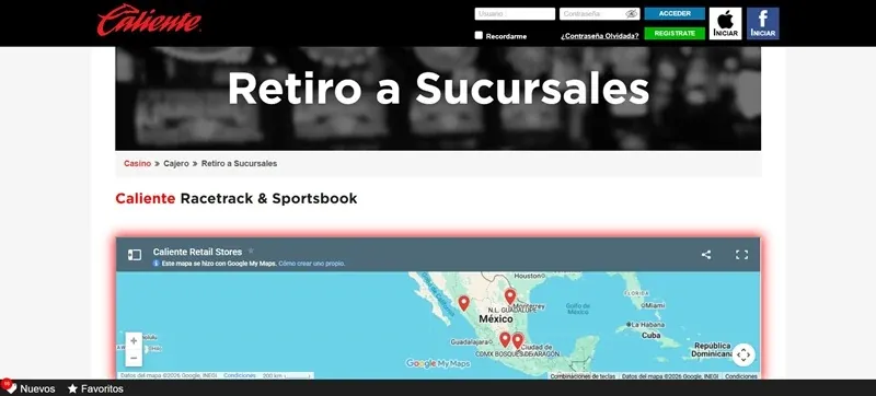 Página de retiro en sucursales de Caliente