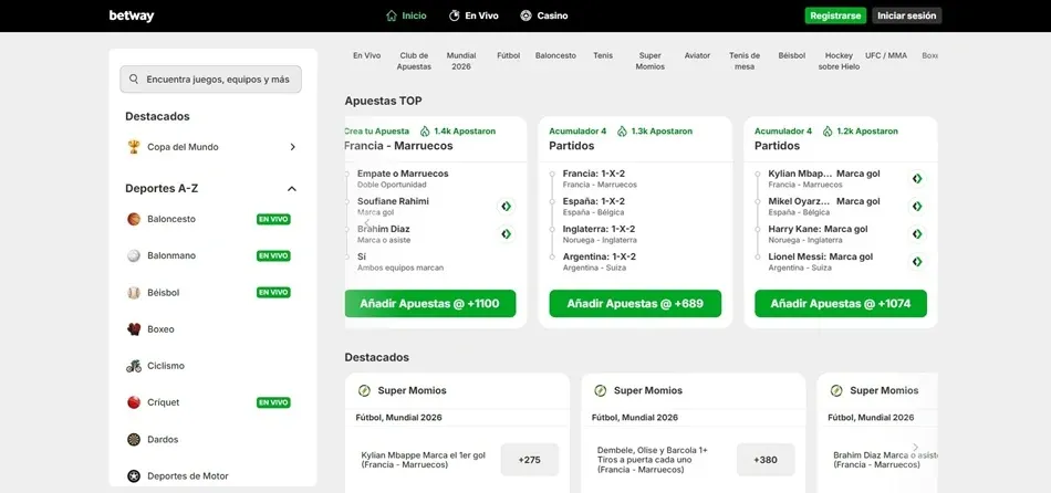 Panel de apuestas de Betway México