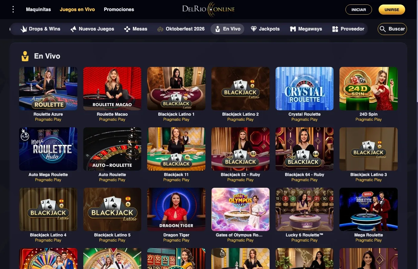 Ruletas y mesas de blackjack en la sección En Vivo de Casino del Río Online
