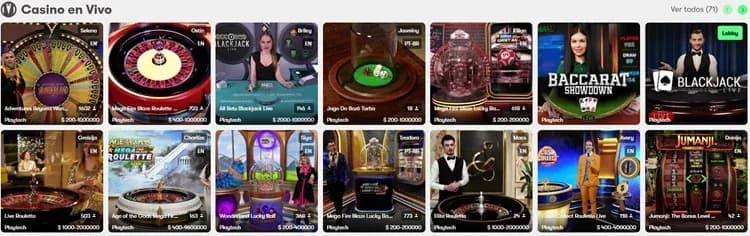 Lobby de casino en vivo con ruletas, blackjack, Baccarat Showdown y Jumanji