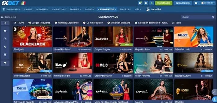 Lobby Casino en vivo de 1XBET con Blackjack, Speed Roulette 1, Mega Roulette y Wheel of Luck