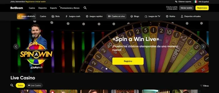 Casino en vivo de BetBoom con banner de Spin A Win Live y botón Registro