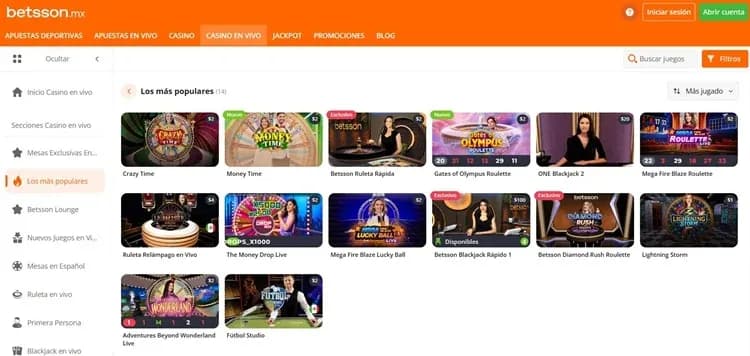 Lobby Los más populares de casino en vivo de Betsson con Crazy Time, Money Time y ruletas