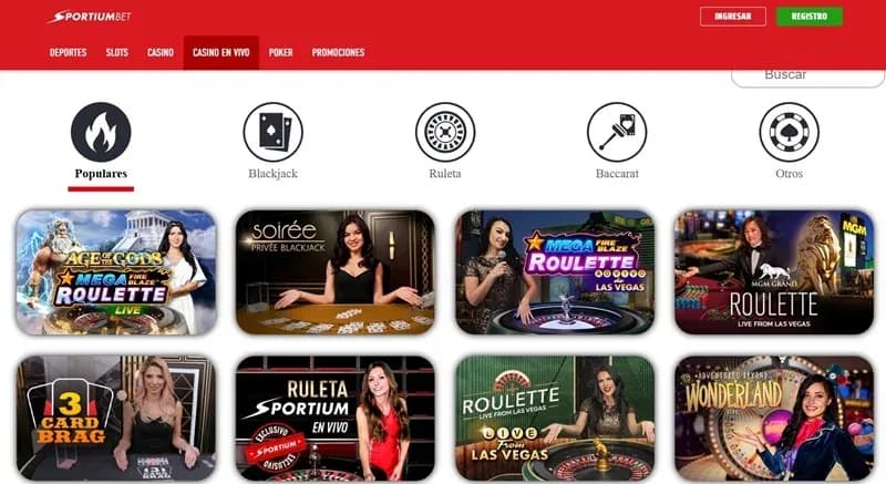 Lobby de casino en vivo de SPORTIUMBET con ruleta, blackjack y baccarat
