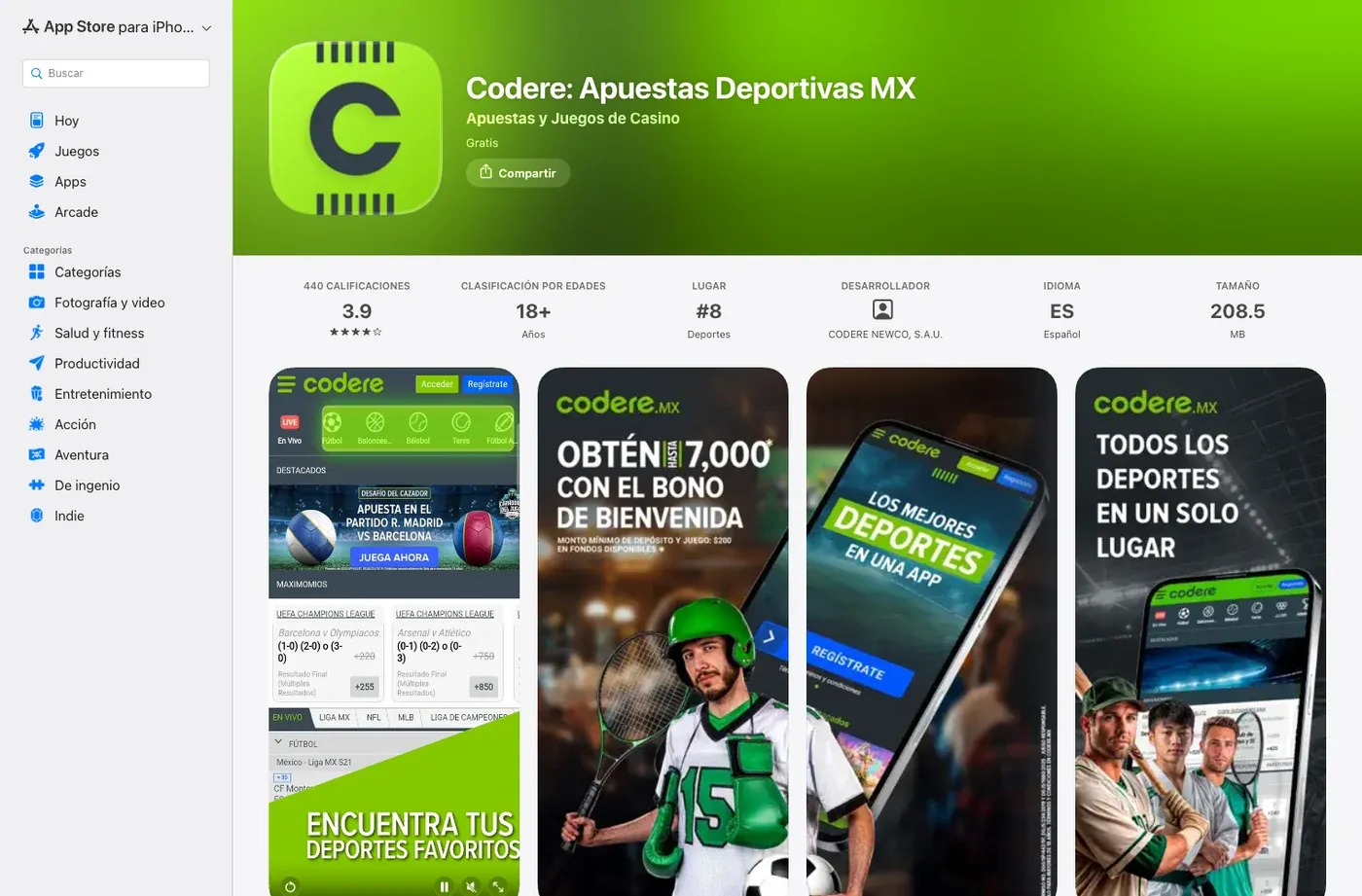 Ficha actual de Codere México en la App Store