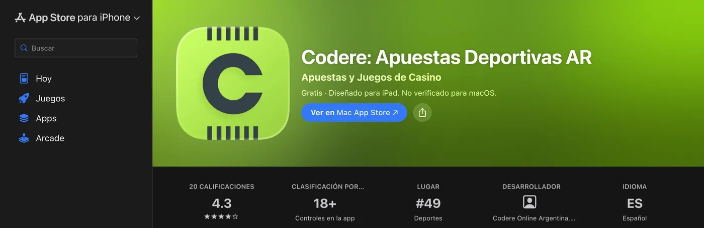 Aplicación oficial de Codere Argentina en App Store