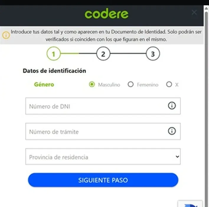 Formulario de registro de Codere Argentina con DNI, trámite y provincia