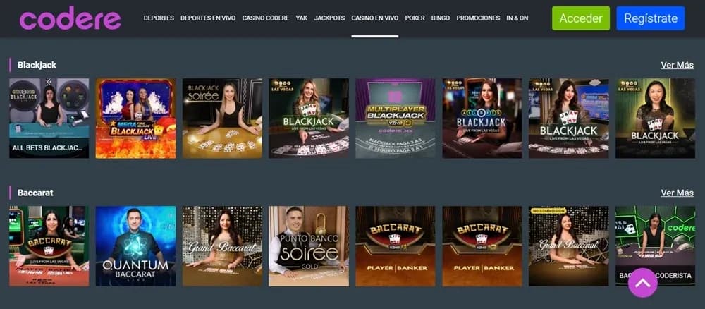 Mesas de blackjack y baccarat en el casino en vivo de Codere México