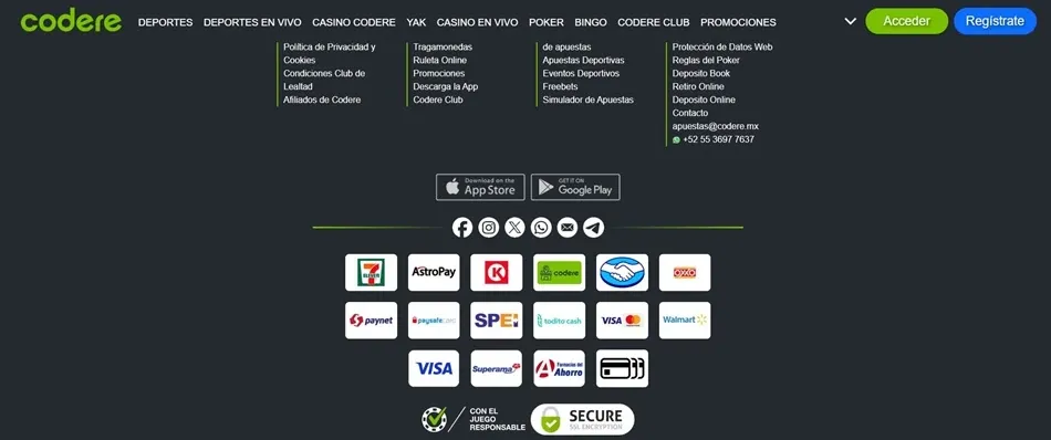 Métodos de pago visibles en el sitio de Codere México